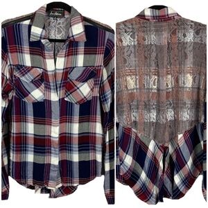SAM Edelman Riley Blue Red Plaid Lace Back Button Down Shirt Medium
